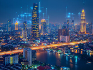 Fototapeta premium Moderne Stadtansicht mit digitalen Elementen und futuristischem Flair