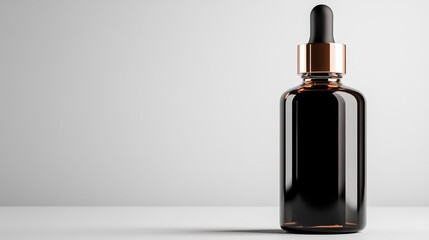 A stylish dark dropper bottle with copper detailing stands upright on a minimalist white surface, showcasing an elegant design and high-end appearance perfect for cosmetics.
