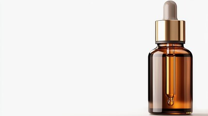 Naklejka premium This image features an amber glass bottle with a dropper on a clean white background, ideal for product presentations or medical and cosmetic use scenarios.