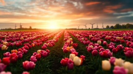 A stunning sunrise over an expansive tulip field with colorful blooms in full glory, accompanied by traditional windmills dotting the distant horizon.