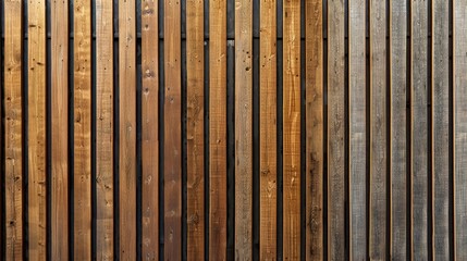 A wooden fence featuring alternating light and dark planks for aesthetic appeal.