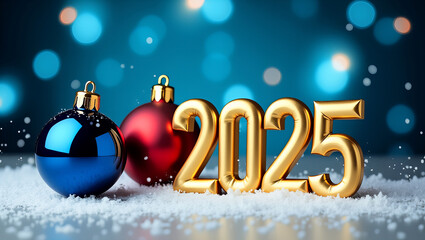 Golden "2025" numbers displayed on a snowy surface, accompanied by red and blue Christmas ornaments, with a festive blue bokeh background.  

