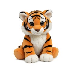 Fototapeta premium A plush toy of a young tiger with orange and black striped fur, sitting upright and looking directly at the camera