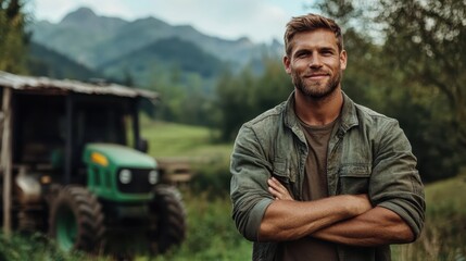 A casually dressed man stands confidently before a tractor in a scenic rural landscape, embodying strength and connection to nature and rustic agricultural lifestyle.
