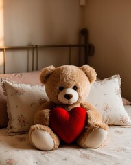 Fototapeta premium Cozy teddy bear holding a red heart sits on a floral bedspread in a sunlit room with warm decor