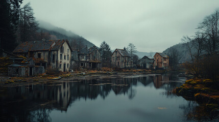 Fototapeta premium A decaying village at the edge of a forgotten lake, where the spirits of the lost remain trapped in the still waters.