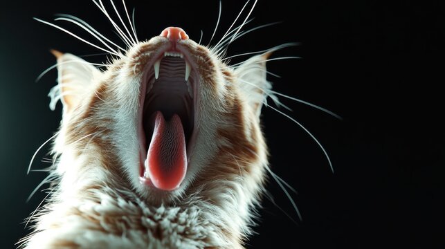 A close-up photo of a cat yawning broadly, showcasing its tongue and teeth against a dark background, capturing a moment of feline relaxation and simplicity. - Powered by Adobe