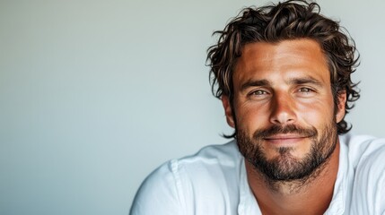 Obraz premium A man with curly hair and a warm smile wears a white shirt. The image exudes a sense of positivity and warmth, creating an inviting and friendly atmosphere.