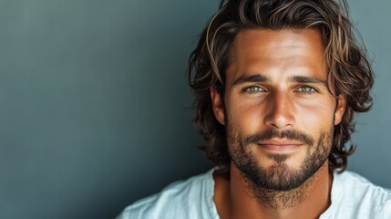 Obraz premium A well-groomed man with blue eyes exudes confidence and charm. His relaxed demeanor, white shirt, and lush background create a captivating portrait.
