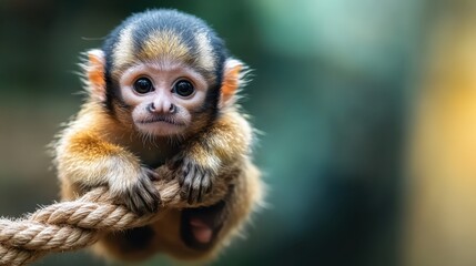 Fototapeta premium A small monkey with big expressive eyes clings to a thick rope in a close-up portrait, capturing raw emotion, curiosity, and innocence in a natural setting.