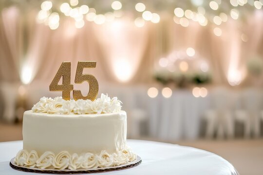 45th birthday cake adorned a gold accents. Birthday party. Blurred light festive background. Golden balloons. Forty five years, Forty-fifth anniversary. Celebration cake, golden candles. Numbers 45