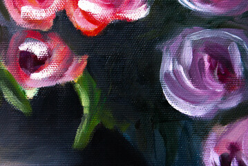 Artistic abstract floral background in vibrant acrylic strokes with red, purple, green, and black hues.