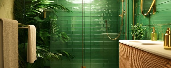 Bathroom with gold accents and shower cubicle with green subway tiles.