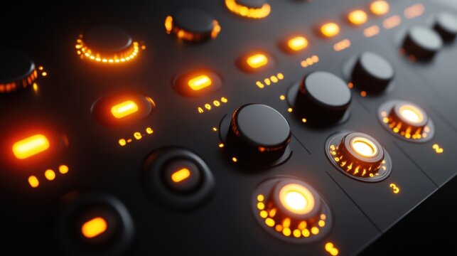 Close-up of illuminated knobs and buttons on a sound mixing console, suggesting a focus on audio equipment or music production