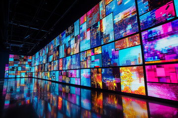 Futuristische digitale Kunstinstallation mit bunten Bildschirmen

