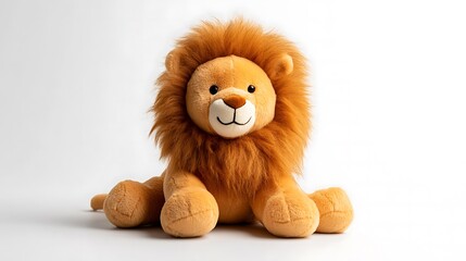 Adorable plush lion toy sitting on white background