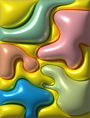 Multicolored figures with shiny soft surface on yellow background, 3D rendering illustration