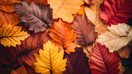 Vibrant autumn leaves background, showcasing a rich tapestry of red, orange, yellow, and brown foliage. Perfect for seasonal designs.