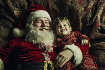 Cheerful yuletide, Ñute child boy joyful with santa claus. Christmas advertising conceptual art pic for advertisement and online promotion use. Cute santa christmas baby. Holiday gifts visuals.