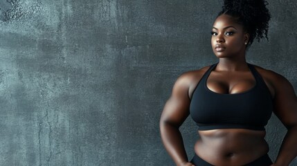 Body positive concept. Close up Beauty portrait of african american fat woman with clean healthy dark skin on neutral background. Smiling dreamy beautiful afro girl.