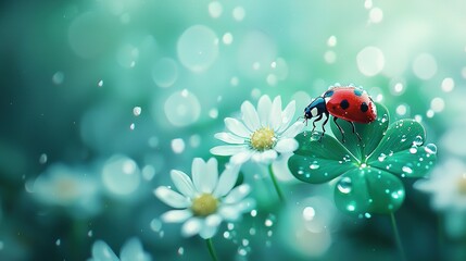 Obraz premium Ladybug perched atop verdant leaf, adjacent to blossom laden with water droplets