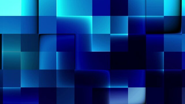 Light blue and dark blue floating cyber squares on black background loop. Slow chaotic pixels mosaic seamless blue 3d animation.