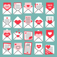 Cute Valentine envelope and letter set with heart designs, love messages, and decorative details. Perfect for scrapbooking, greeting cards, posters, invitations, and stickers.