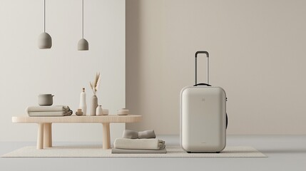 Beige suitcase in minimalist room.