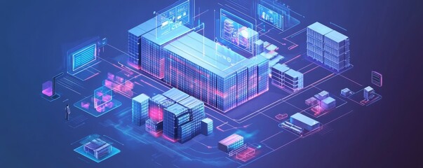 Data warehouse. smart warehouse management system, Secure data warehouse protected by layers of digital encryption key, featuring interconnected IoT devices that enable a seamless flow of information