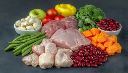 Healthy balanced meal prep ingredients chicken, turkey, salmon, beans, broccoli, green beans, apple, tomatoes, peppers, and mozzarella. Perfect for dieting or meal planning.