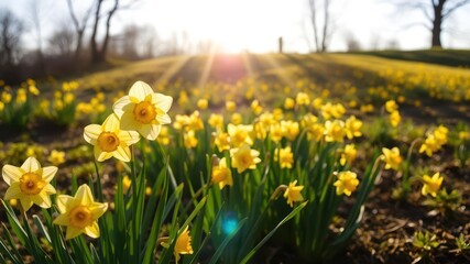 Obraz premium Vibrant yellow daffodil flowers blooming in a sunlit field, daffodil, flowers