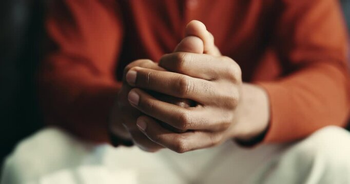 Thinking, anxiety and stress with hands of person at table for fear, decision and psychology. Waiting, reflection and pain with closeup of fingers at home for worry, mental health and nervous