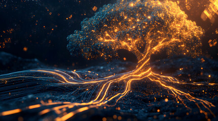 Illuminated Digital Tree with Glowing Golden Roots and Electric Flow in a Futuristic Data Environment