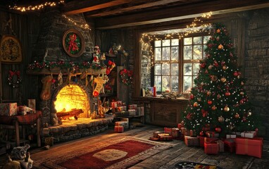 Fototapeta premium cozy room fireplace christmass tree with decorations toys and lights professional photo