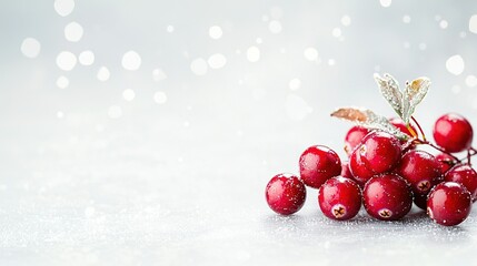   A close-up of various berries on a white background with snowfall overlaying them