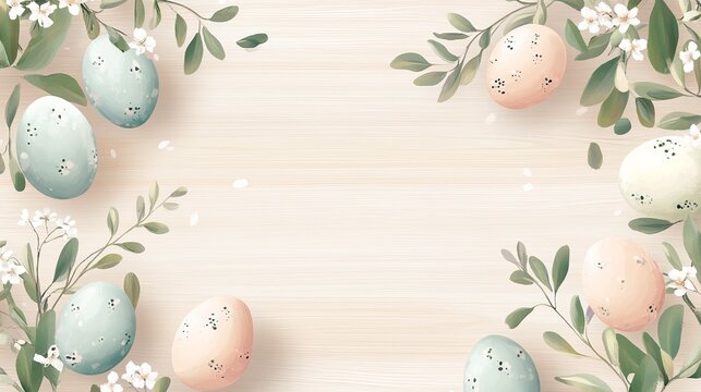 Decorative Easter banner showcases hand-painted eggs with fresh leaves and tiny flowers, creating an inviting and natural look for springtime