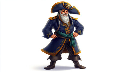 A detailed, cartoon-style pirate character with a large tricorn hat, wearing a bright royal blue coat with golden embroidery