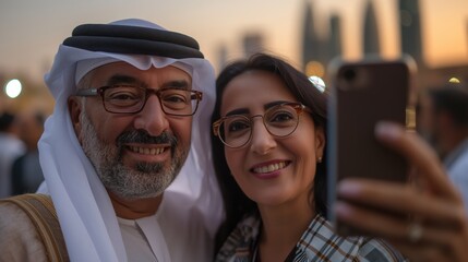 Joyful Arab man and woman enjoying New Year celebrations while capturing memories at a vibrant city gathering
