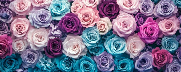 Floral Wallpaper with Multicolored Flowers. Beautiful Spring Background with Turquoise, Purple and Pink Roses.