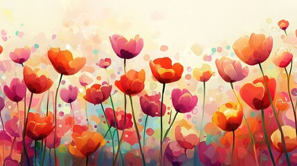   A painting of vibrant red-pink tulips bathed in sunlight against a clear blue sky