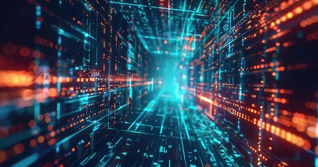 Fototapeta premium A futuristic digital tunnel with glowing lines and data patterns.