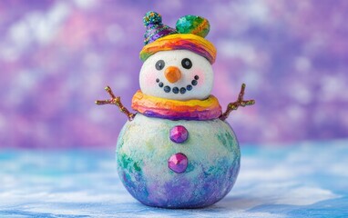 A whimsical snowman with rainbow-colored decorations on a lavender background