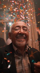 Obraz premium A cheerful Arab-American man enjoys his birthday surrounded by friends in a festive atmosphere filled with celebration