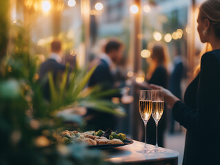 Elegant evening gathering featuring champagne and appetizers at a stylish venue with soft lighting