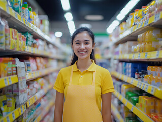 Smiling employee in a grocery store aisle showcasing products in a well-lit environment during the day