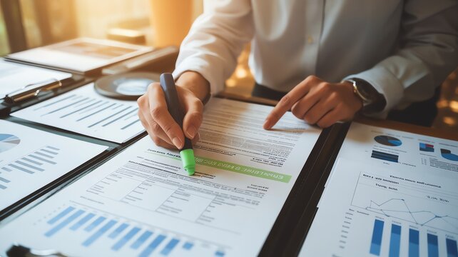 Business professional analyzing financial documents with charts and graphs on the desk.