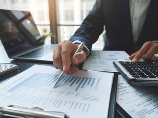 Businessman analyzing graphs with laptop and documents on office desk.