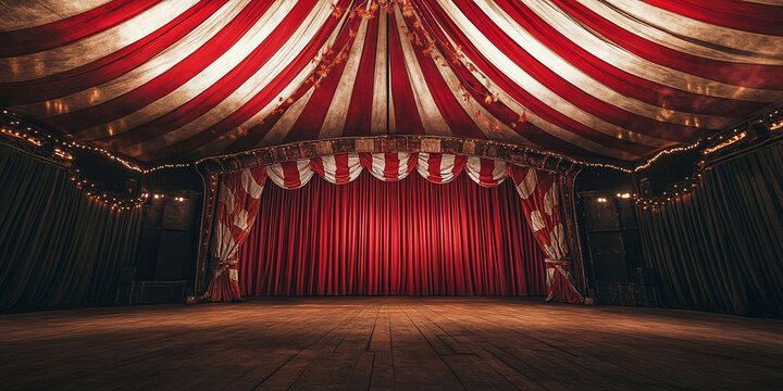 The interior of a circus tent with a vibrant stage and central ring beneath a striking red and white striped canopy, creating an exciting and captivating atmosphere for a grand performance.