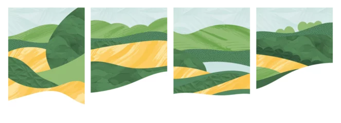 Fototapeten Abstract agriculture pattern with green field, rice, wheat, corn. Vector illustration of rural landscape, vineyard, farmland. Organic design, patchwork texture, shape, layout, brochure, card, poster © Maria Petrish