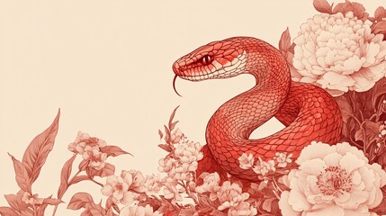 Obraz premium snake among peonies Chinese New Year, Generative AI